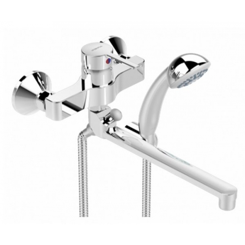 Логик смеситель для ванны/душа, настенный, трубчатый поворотный излив 250мм, лейка 70мм, держатель, шланг 1500мм, хром Vidima BA280AA