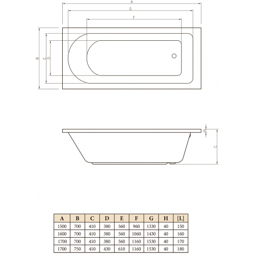 Rea 160x70 Прямоугольная ванна С-bath